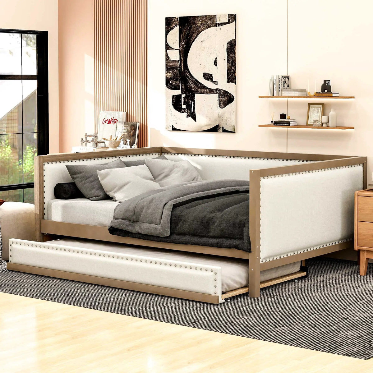 Full Size Daybed With Trundle And Nailhead Decoration Wood | 79.5 x 56.8 x 33 in | Pine Wood & Linen | Bedroom