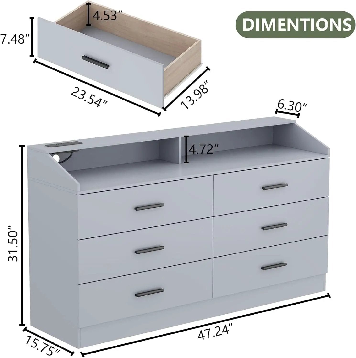 Grey Six Drawer Dresser With Power Outlet And USB Ports from PriceLows™