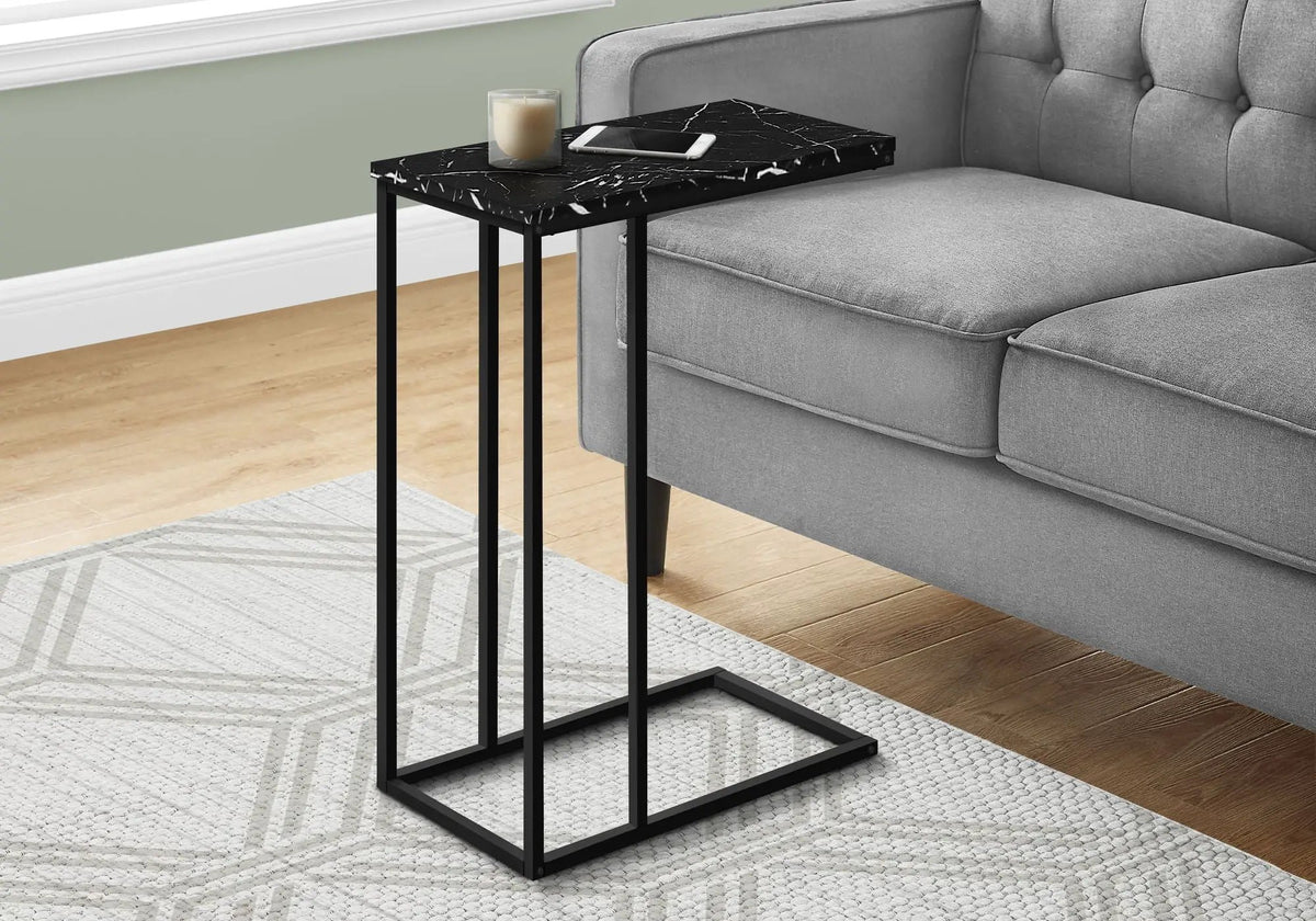 Black Marble Look C-Shaped Table | Slide Under Sofa Design | Solid Black Frame | Modern Style