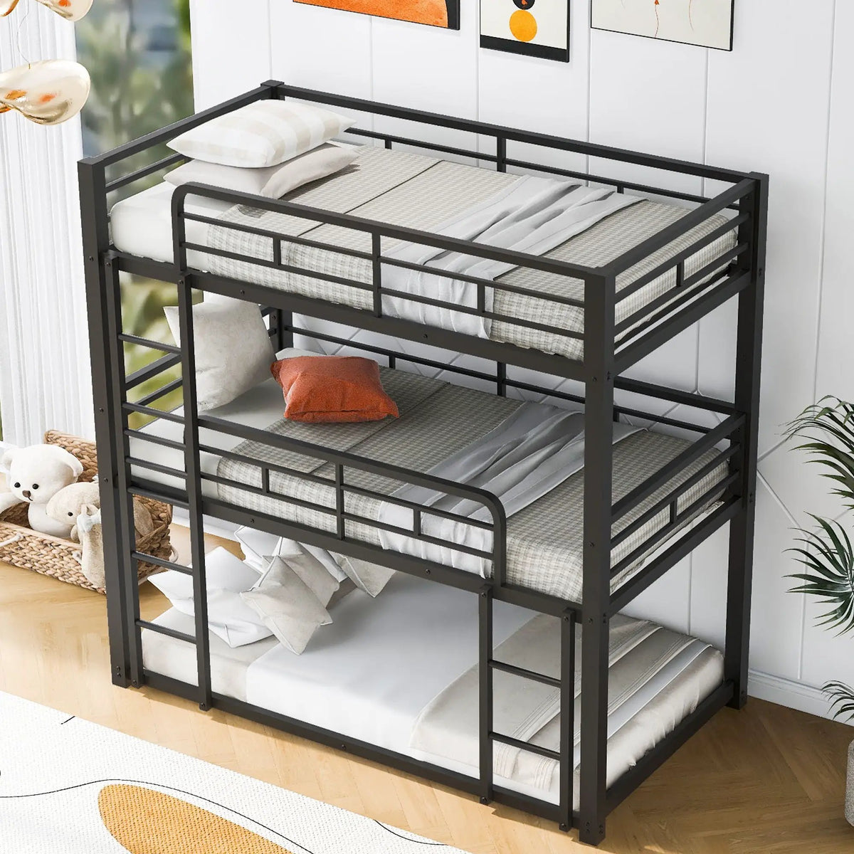 Triple Bunk Bed | Solid Metal Frame | Safety Guardrails | Space Saving