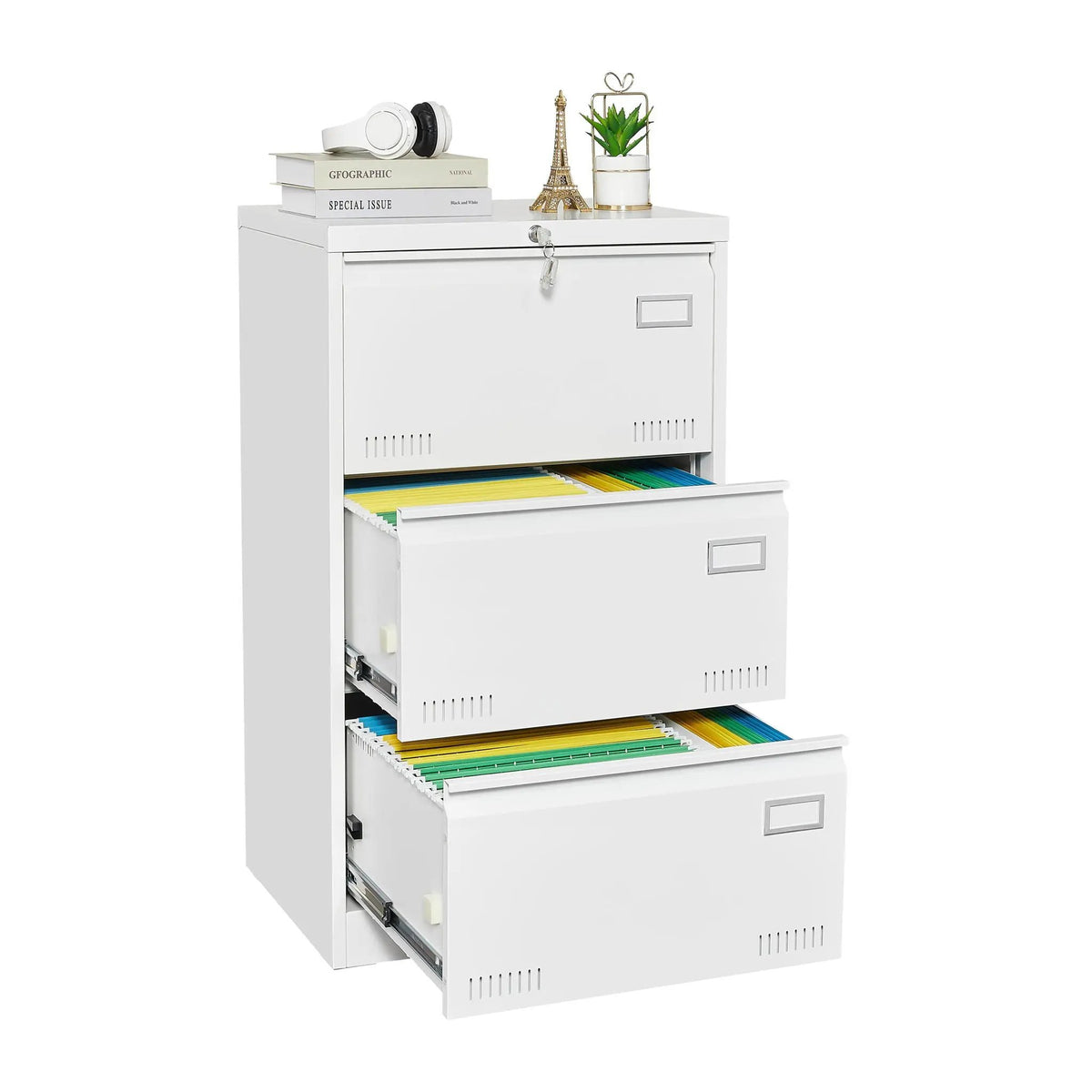 Lateral File Cabinet | 3 Drawer Locking Metal | Widened Drawers | 40 Inch Height