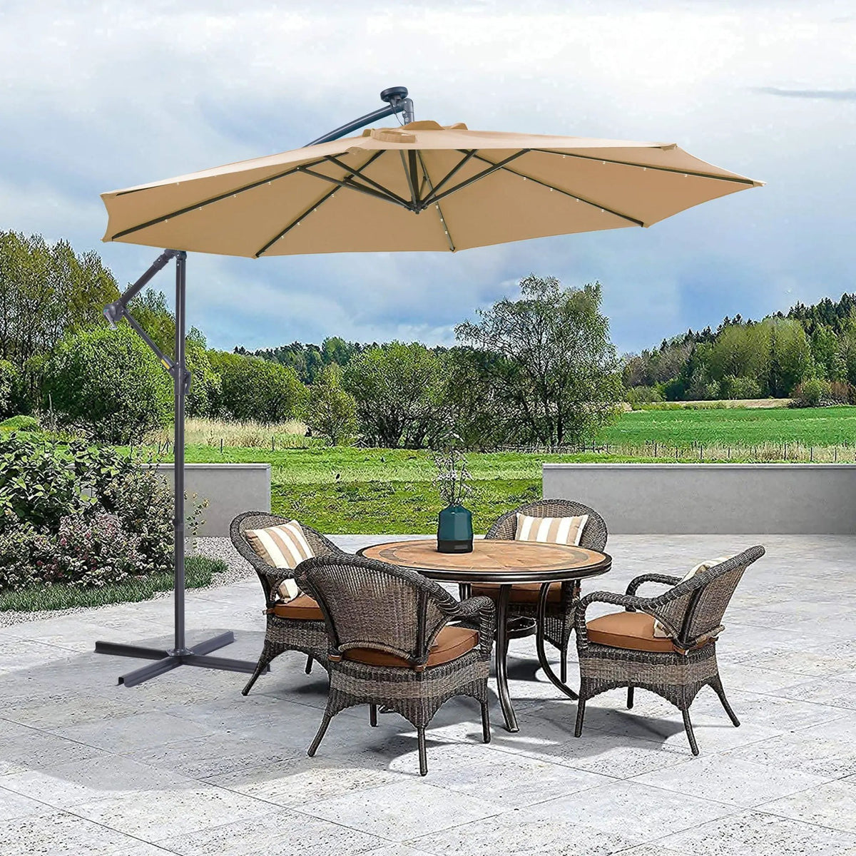 Outdoor Cantilever Patio Umbrella | 10 Ft | 32 Solar Led Lights | Taupe