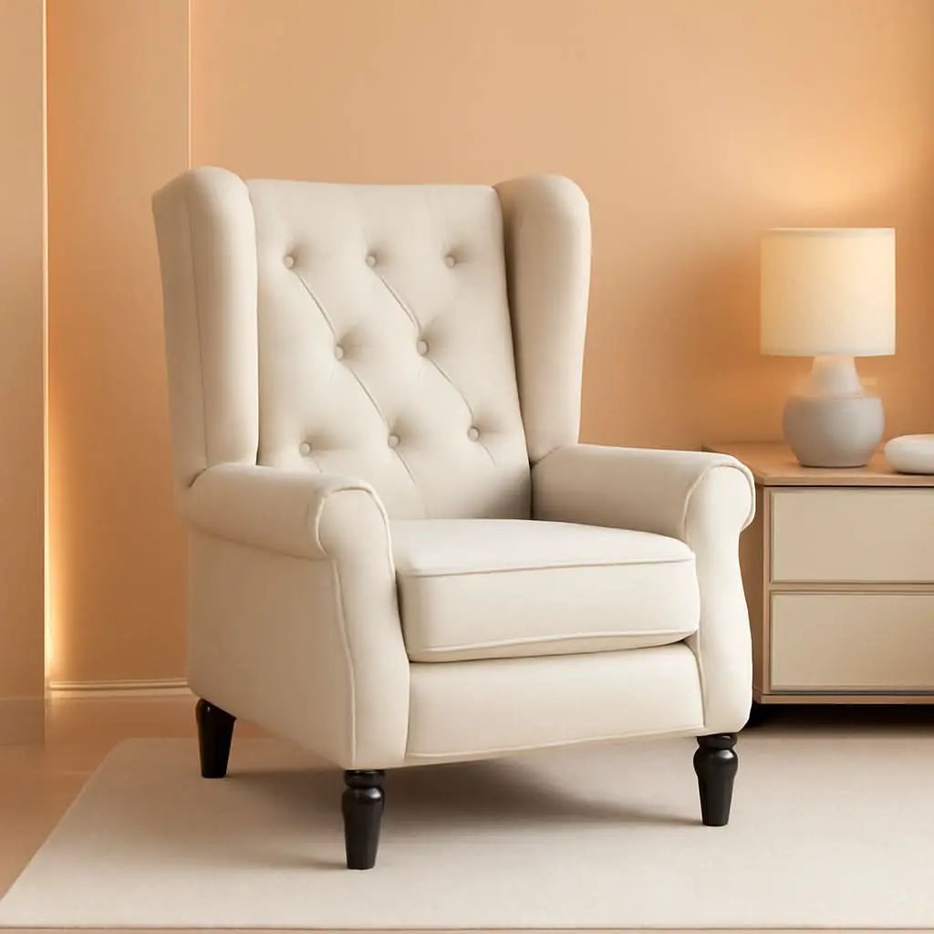 Beige Midcentury Button Tufted Wingback Upholstered Armchair from PriceLows™