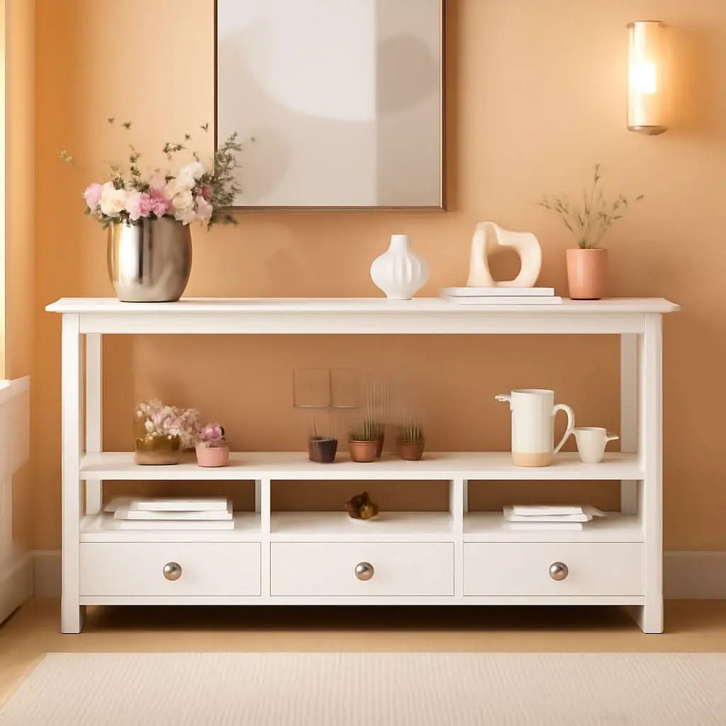 Vintage White Console Table With Storage Drawers And Shelves from PriceLows™