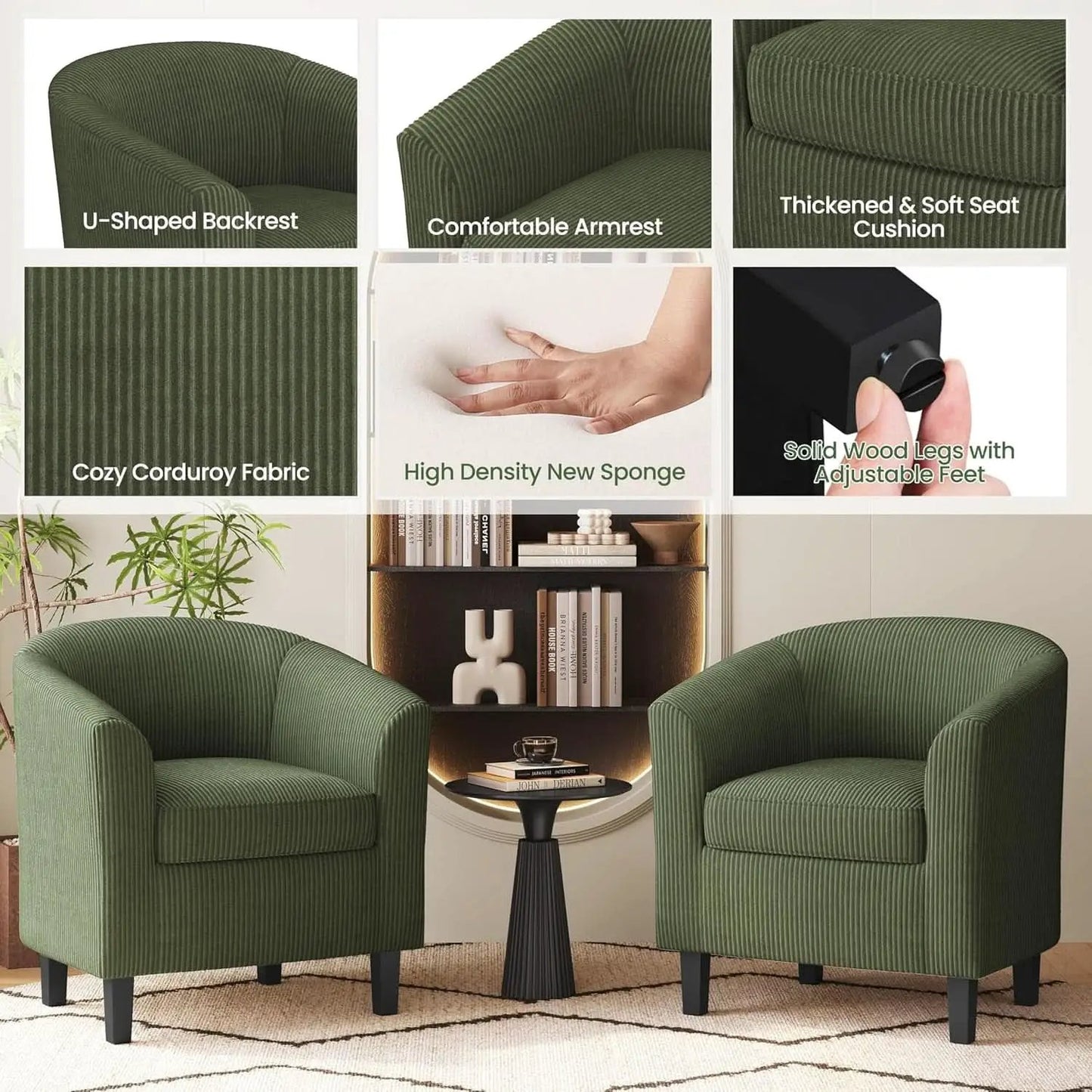 Corduroy Barrel Chairs Set of 2 Dark Green Upholstered from PriceLows™