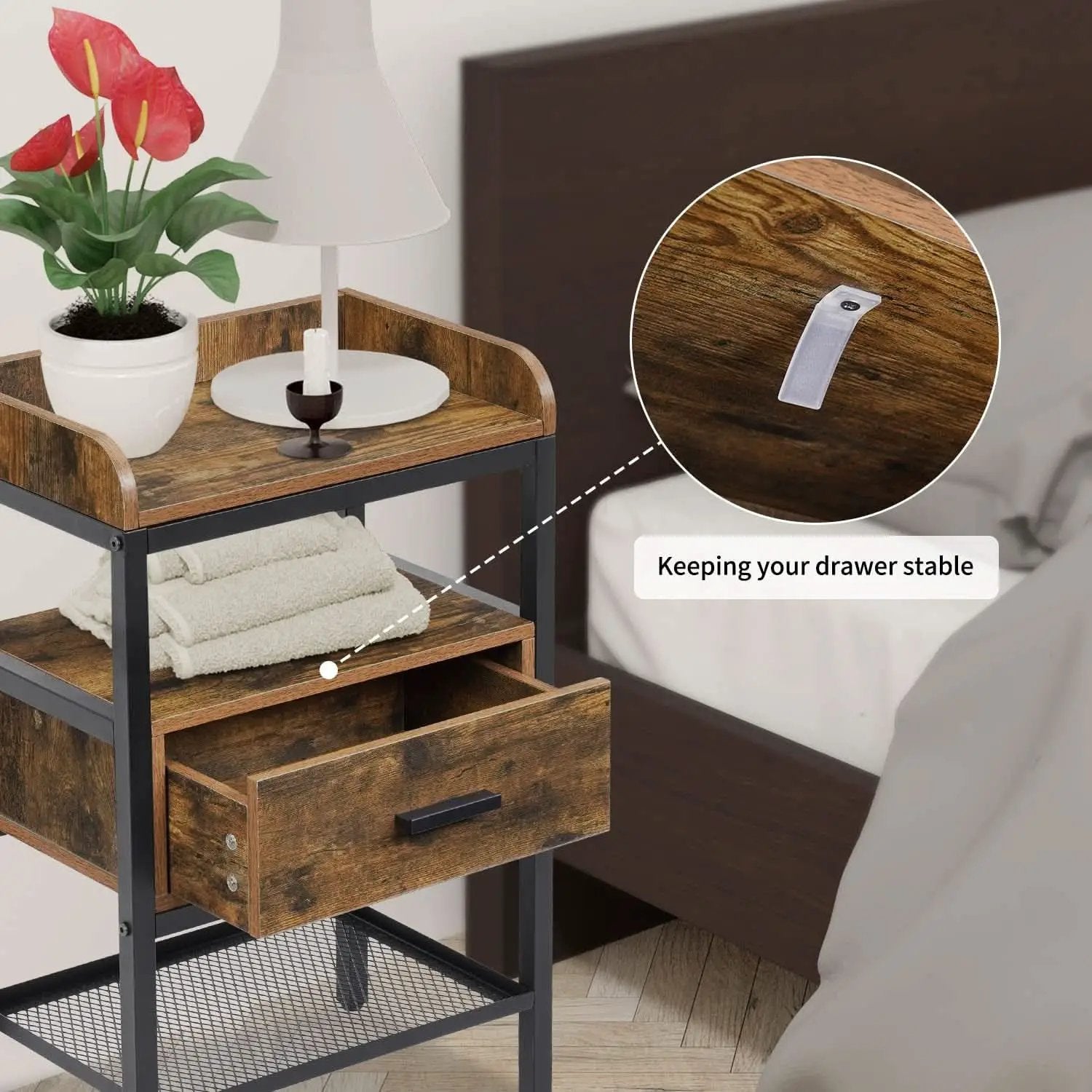 Industrial Three Tier Nightstand Set With Wood Grain Finish from PriceLows™