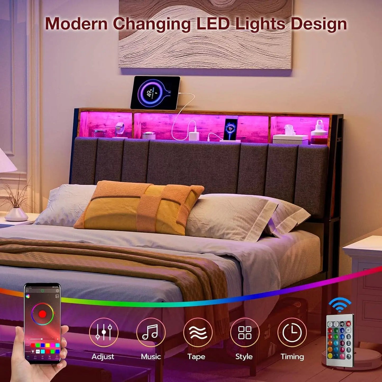 Ergonomic Queen Size Headboard with LED Lights Storage from PriceLows™