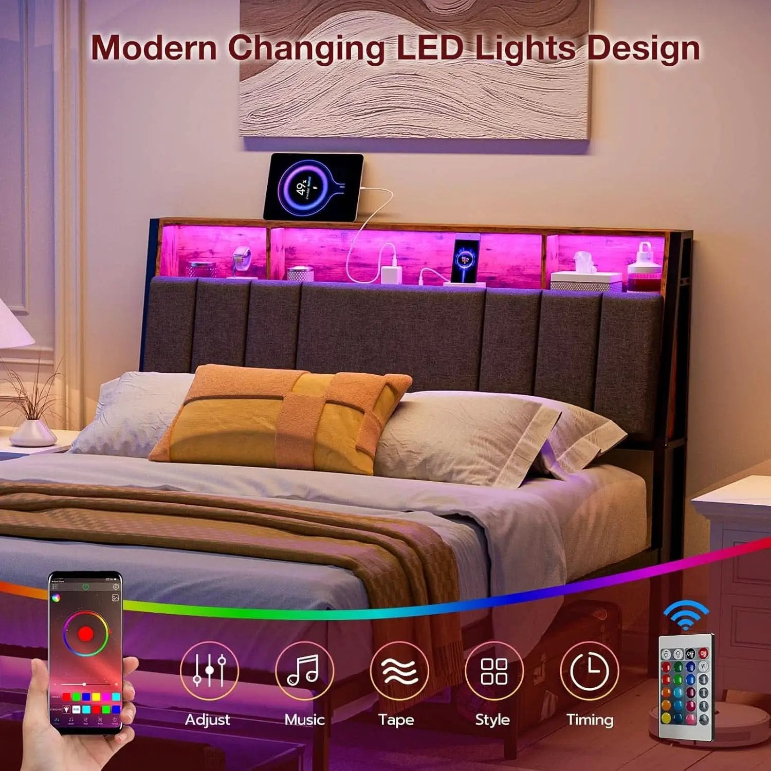 Ergonomic Queen Size Headboard with LED Lights Storage from PriceLows™
