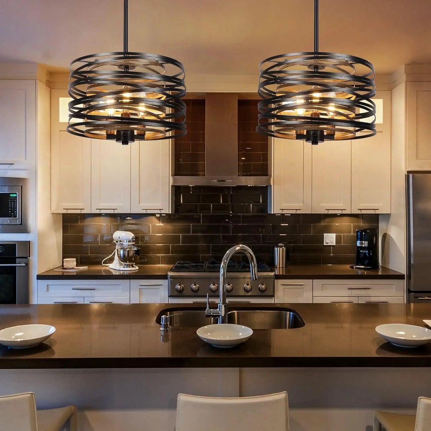 12.6 Rustic Farmhouse Three Light Drum Chandelier Black from PriceLows™