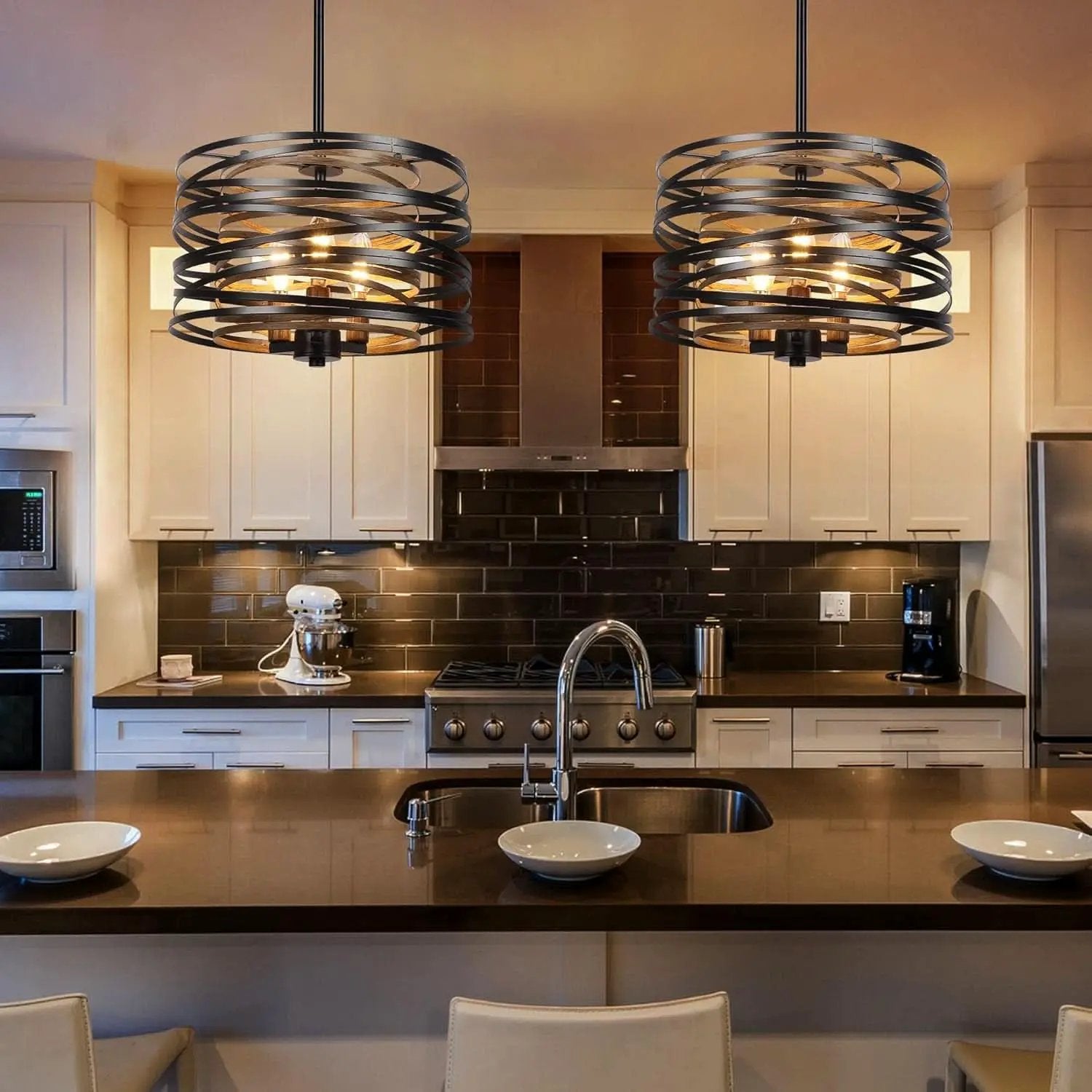 12.6 Rustic Farmhouse Three Light Drum Chandelier Black from PriceLows™