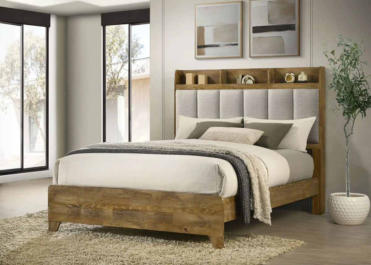 Henderson 57-inch Eastern King Bookcase Panel Bed Medium | 79.25 x 87.5 x 56.75 in | Wood | Oak