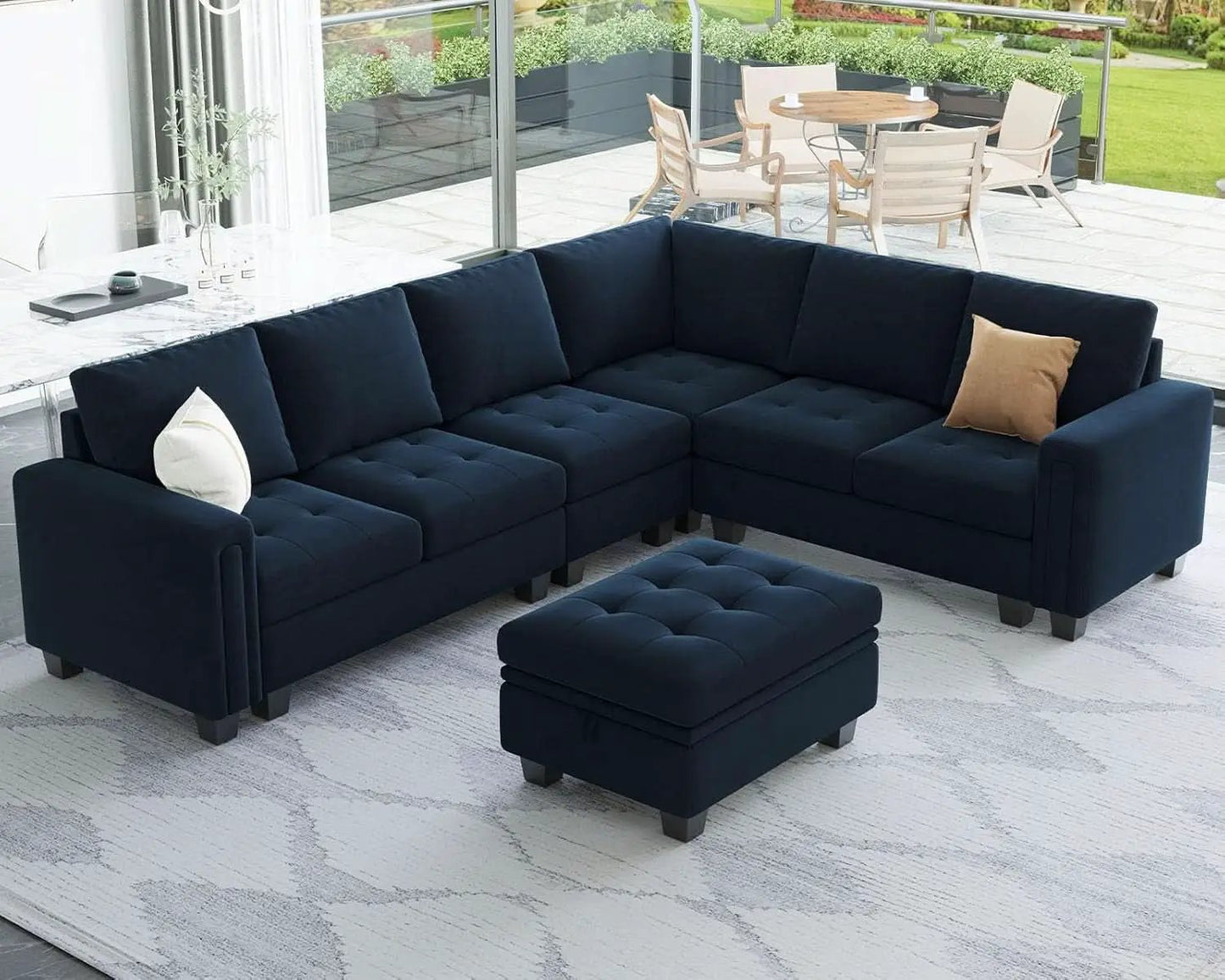 Velvet L Shaped Sofa Reversible Chaise Storage Ottoman Blue from PriceLows™