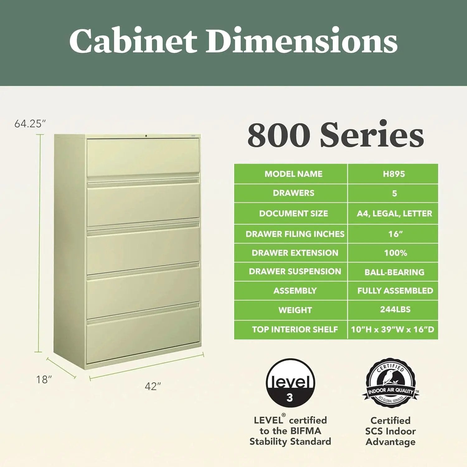 Putty 5 Drawer Lateral File Cabinet With Lock Office Filing from PriceLows™