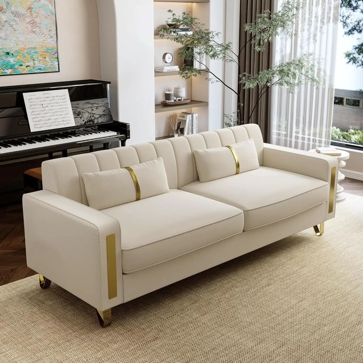 86 Inch Loveseat Sofa Set With Gold Metal Legs Beige Velvet Upholstery For Living Room from PriceLows™