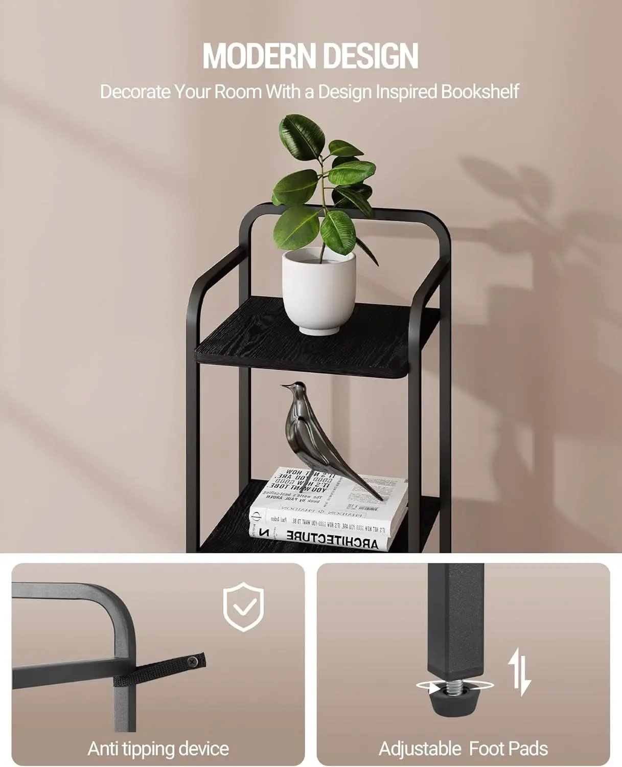 Black 5 Tier Narrow Bookcase Corner Shelf Organizer Industrial Design from PriceLows™