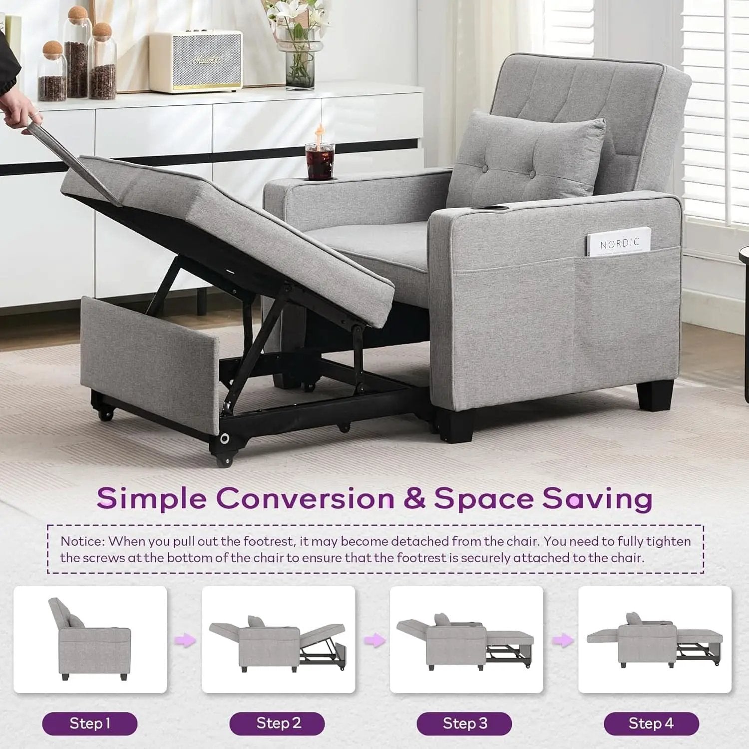 Charcoal Grey Convertible Sleeper Chair With USB Ports from PriceLows™