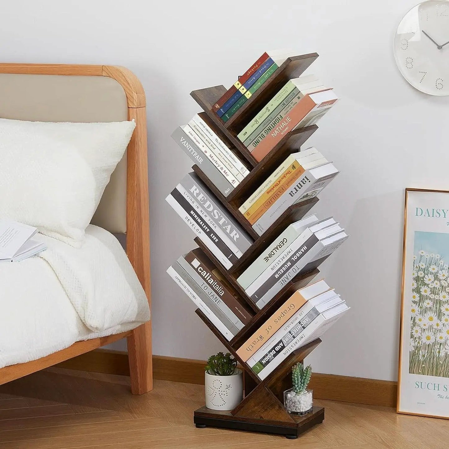 8 Tier Tree Bookshelf Floor Standing Bookcase For Books CDs Rustic Wood from PriceLows™