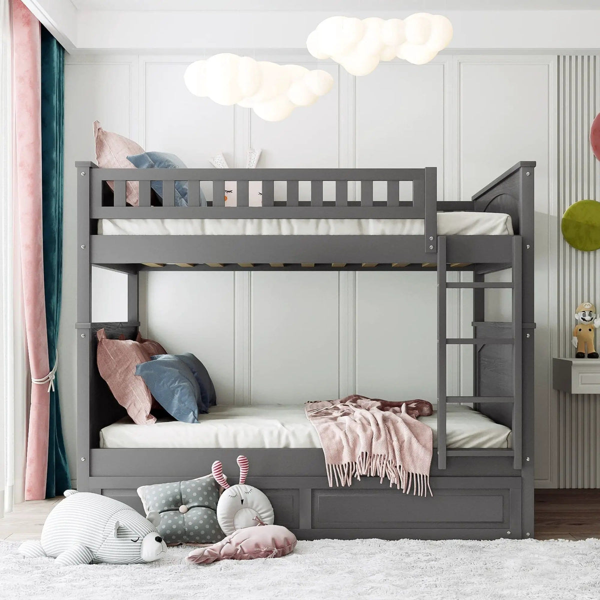 Bunk Bed With Twin Size Trundle, Guardrails | 79.1 x 58.4 x 65.6 in | Pine Wood & Plywood | Bedroom