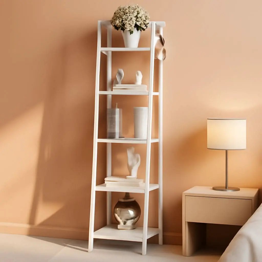 5 Tier White Ladder Shelf Bookcase With Two Hooks For Corner from PriceLows™