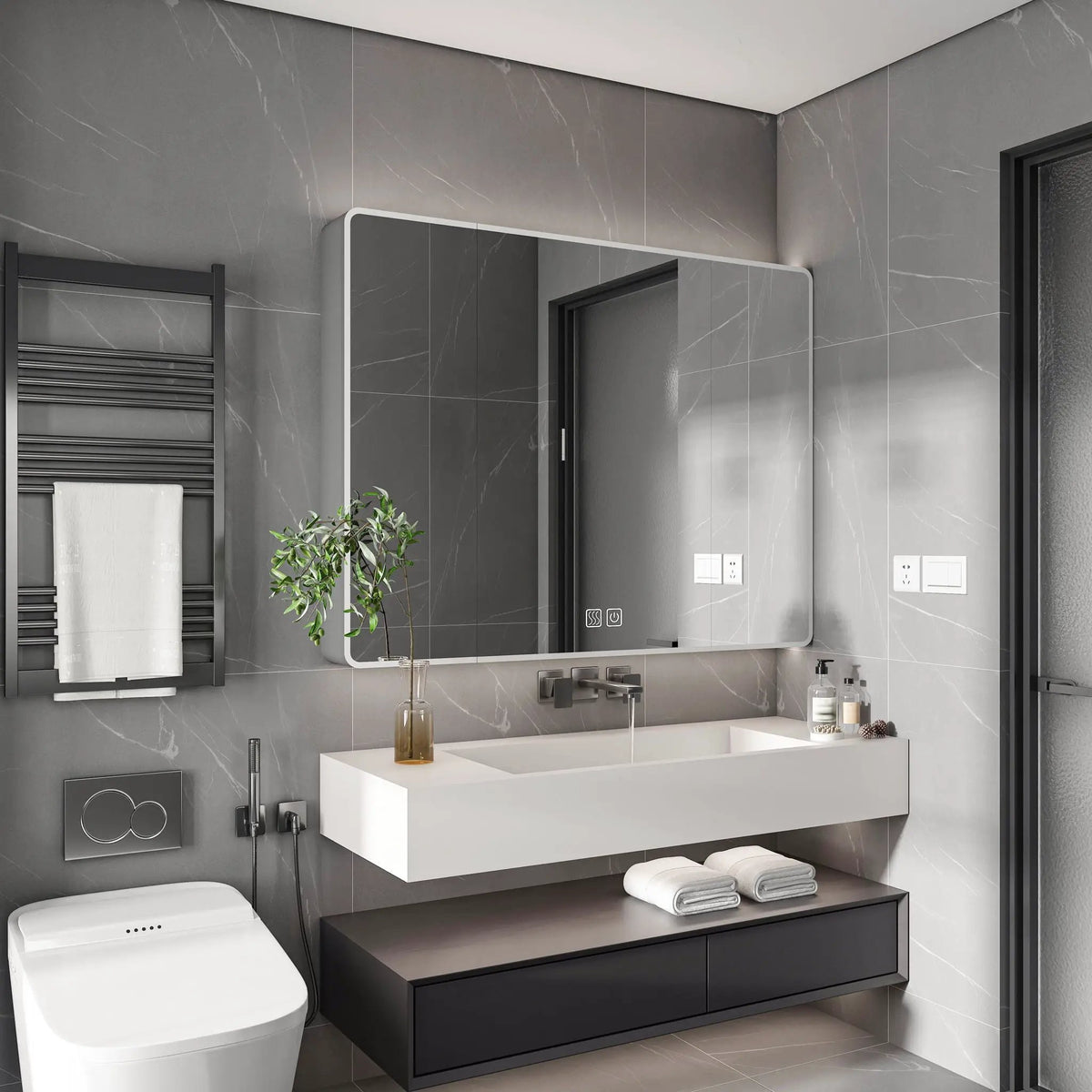 Aluminum Medicine Cabinet Mirror | LED Light | Defogging Function | 35 Inch Width