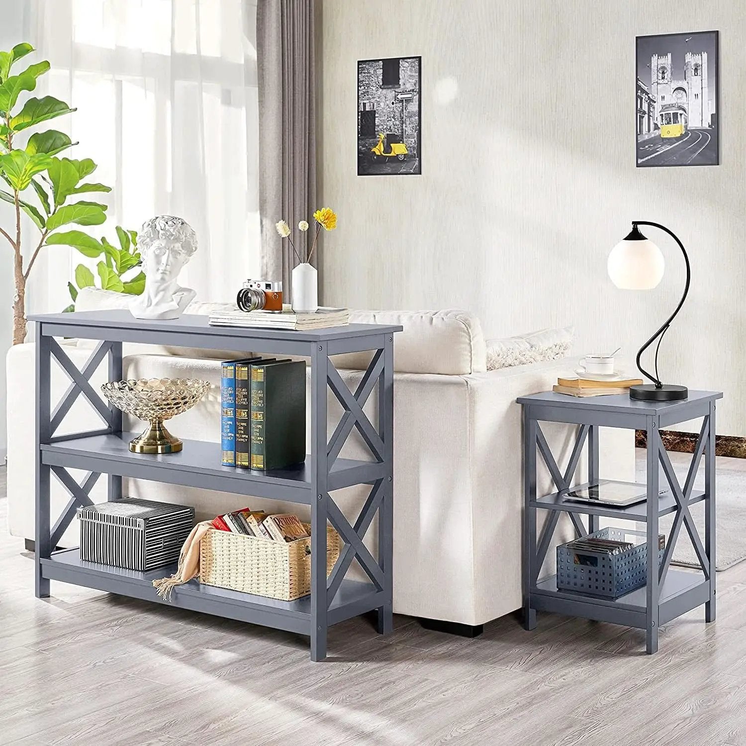 Gray Three Tier Console Table With Storage Shelves from PriceLows™