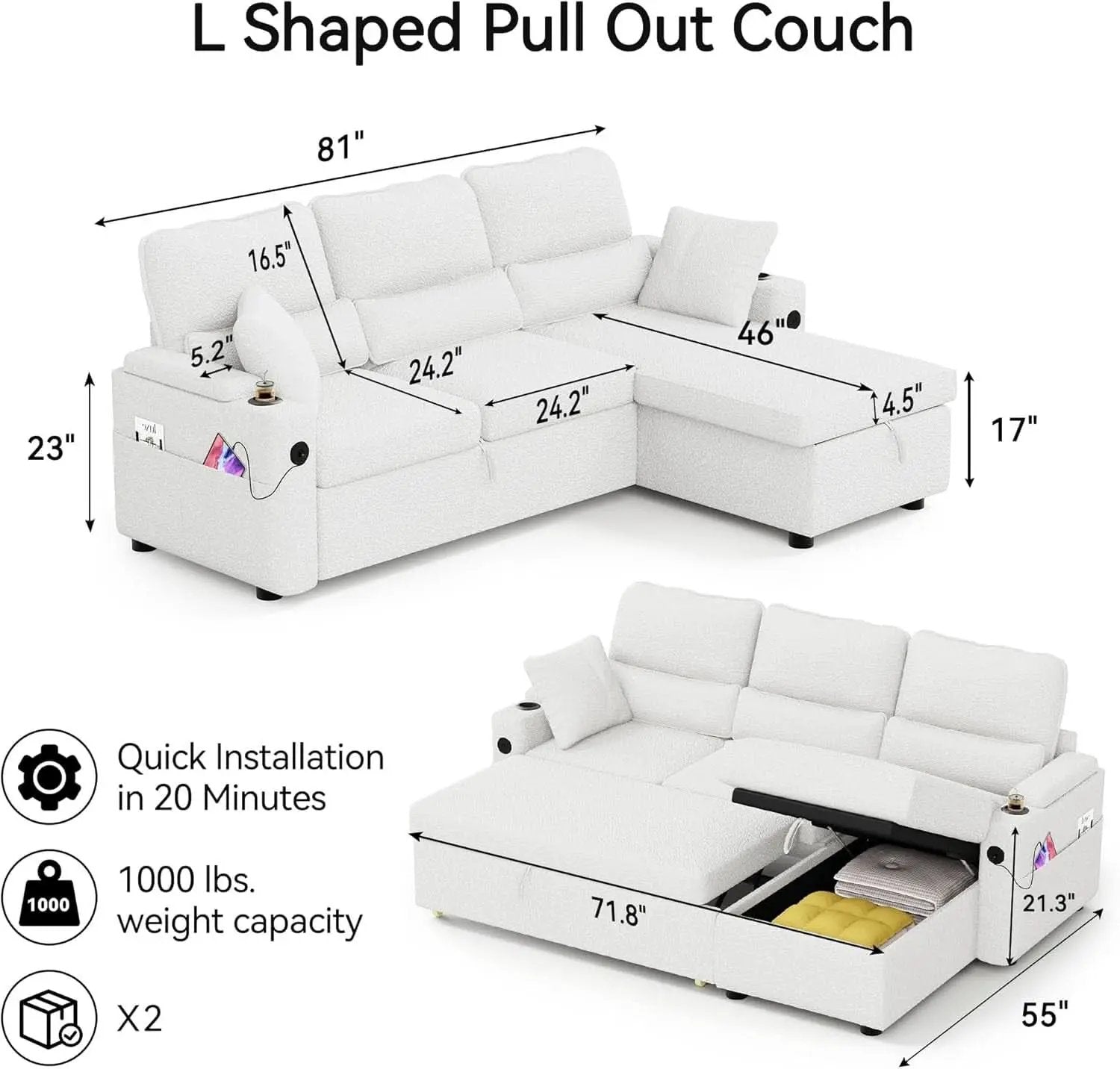 Pull Out Convertible Sofa Bed With Hidden Storage Teddy White from PriceLows™