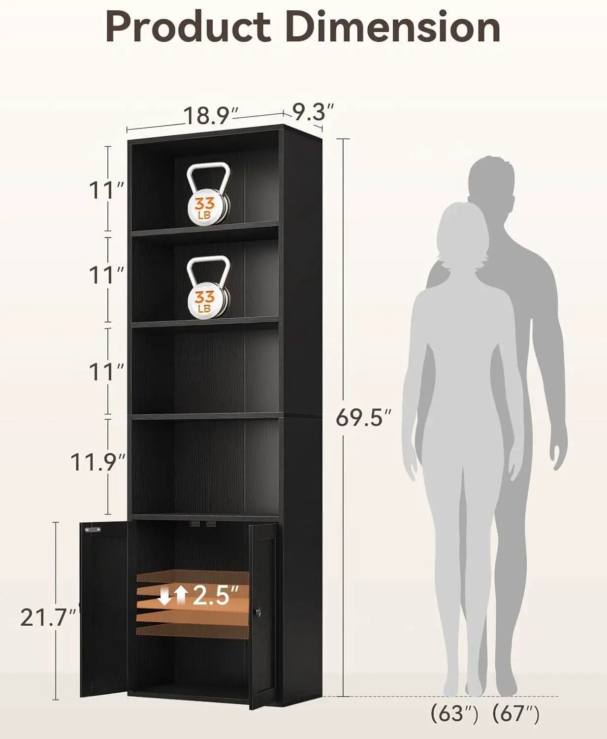 Black Six Tier Floor Standing Bookshelf With Doors from PriceLows™