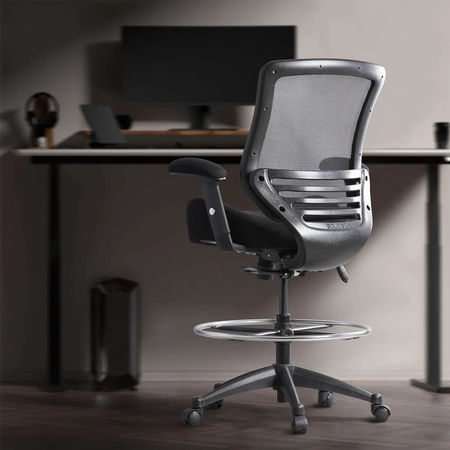 Black Mesh Ergonomic Drafting Chair With Height Adjustable Armrests from PriceLows™