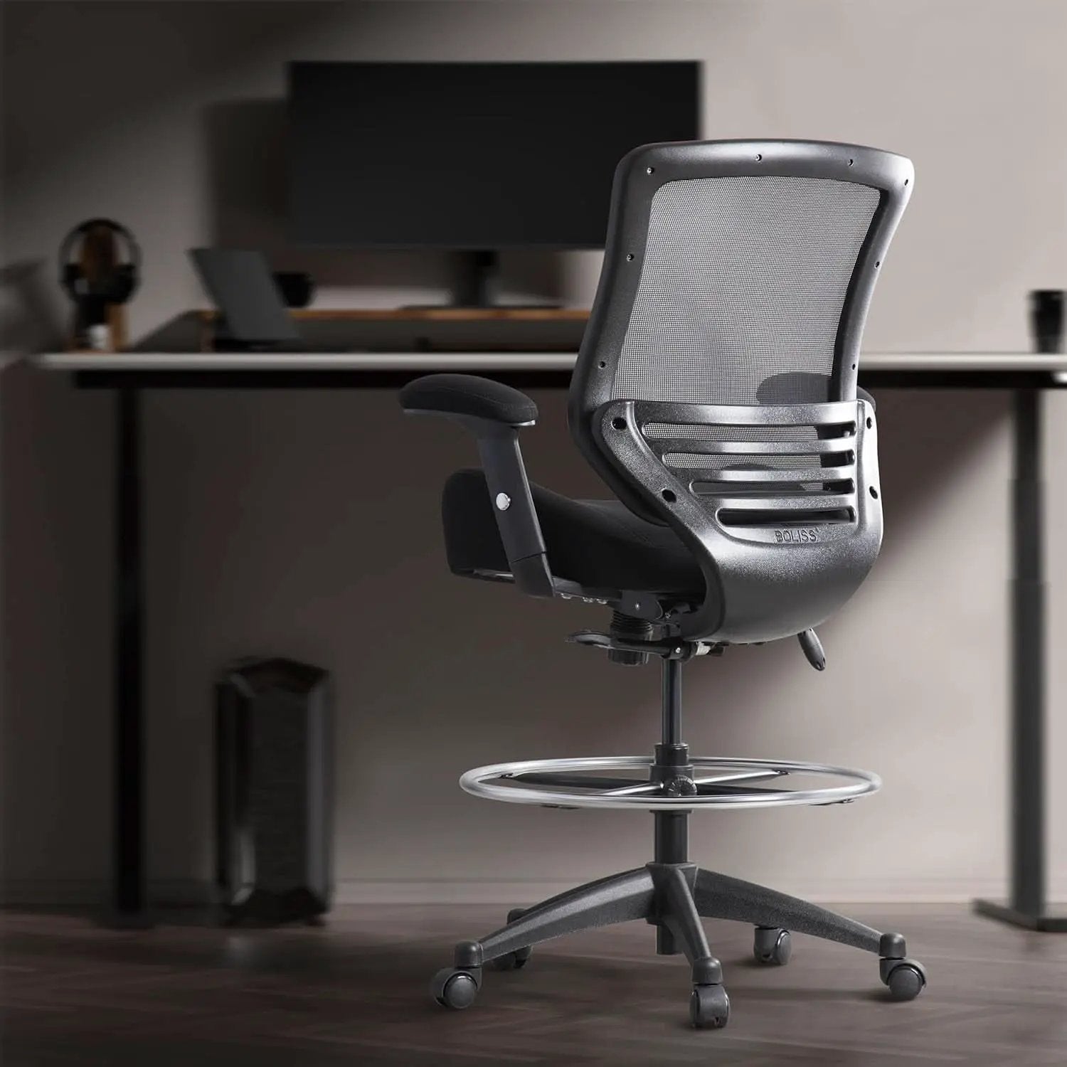 Black Mesh Ergonomic Drafting Chair With Height Adjustable Armrests from PriceLows™