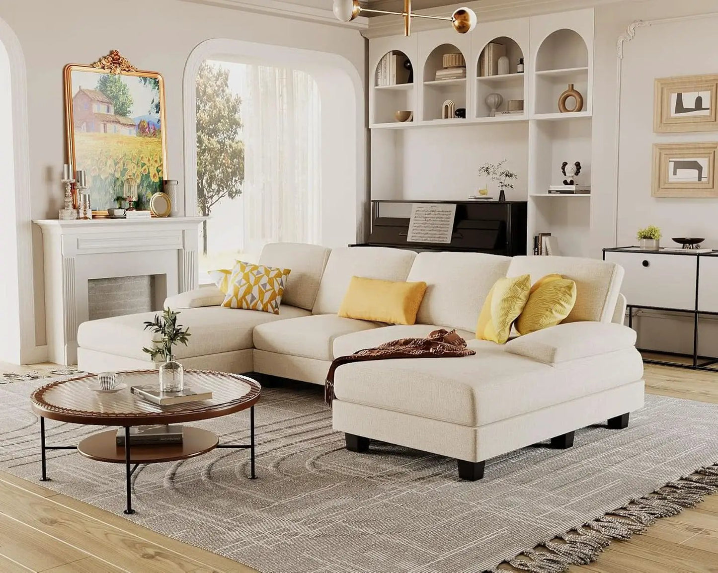 White Linen Sectional Sofa U Shaped 4 Seat Chaise Couch from PriceLows™