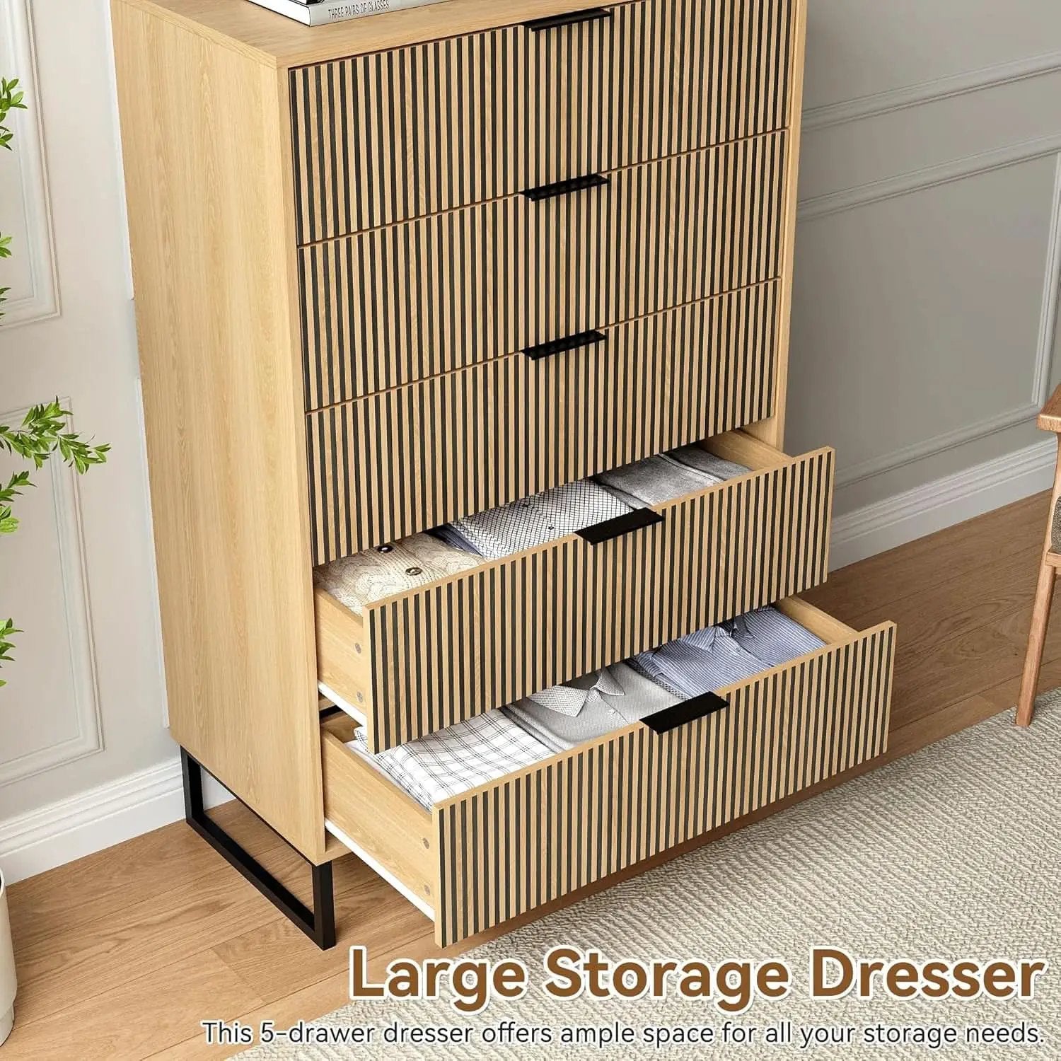 49.2 Inch Tall Five Drawer MatteNaturalFinish Dresser from PriceLows™