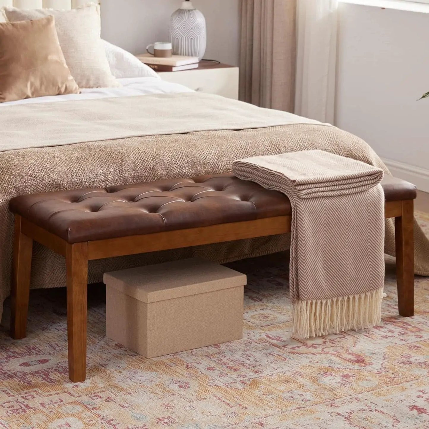 Oversized Brown Faux Leather Upholstered Ottoman Bench from PriceLows™
