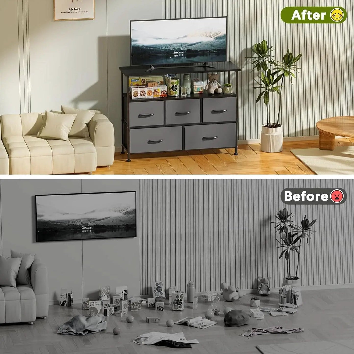 Gray TV Stand With Fabric Drawers And Wood Top 45 Inch from PriceLows™