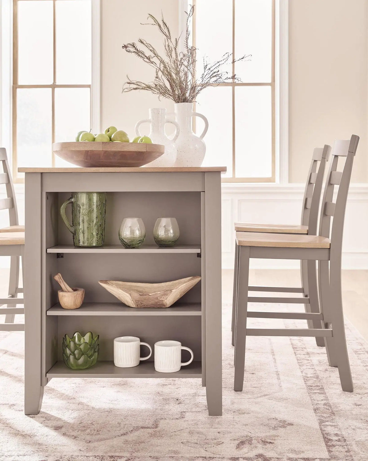 Counter Height Dining Table | Rectangular | Built In Shelves | Natural Gray