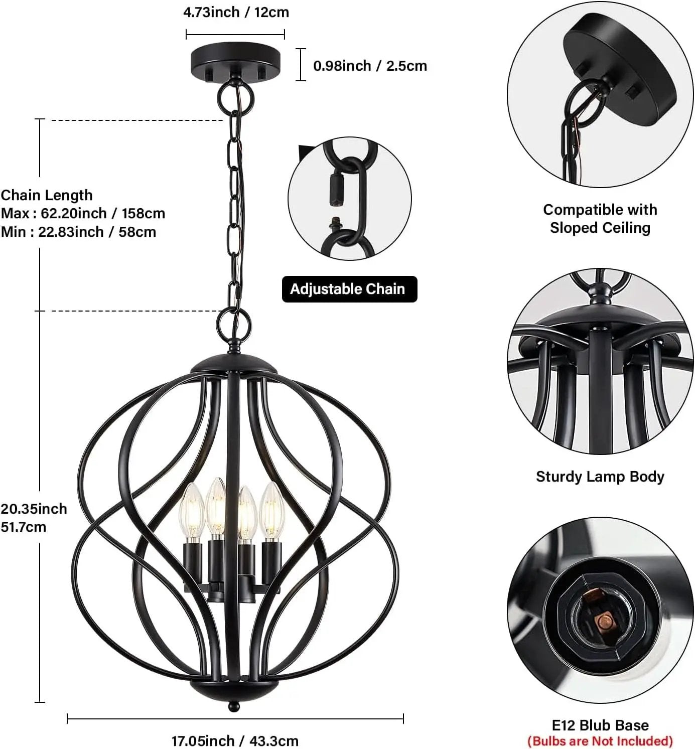 Black Four Light Geometric Pendant Chandelier Dining Room from PriceLows™