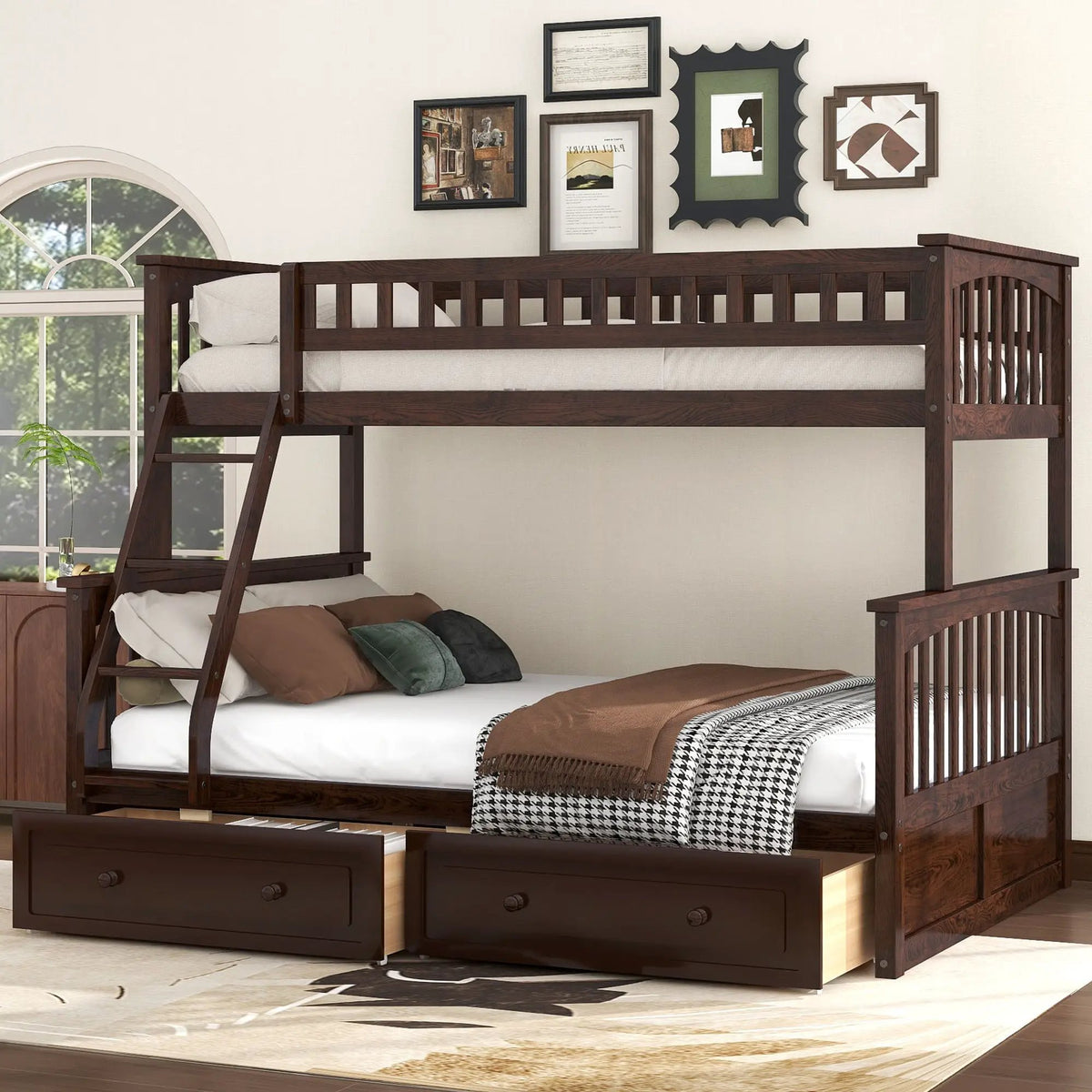 Bunk Bed With Drawers | Convertible Storage Design | Solid Pine Wood | Fence-Shaped Guardrail