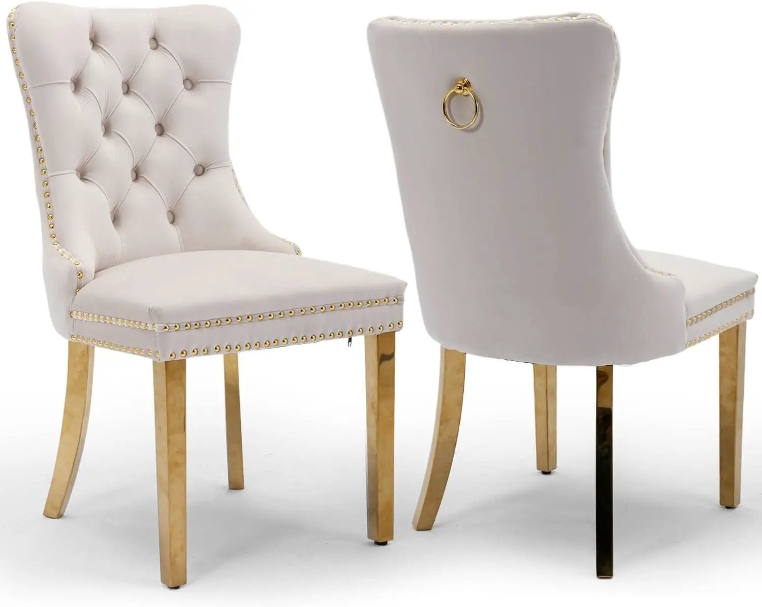 Beige Velvet Dining Chairs Set Of 2 With Tufted Upholstery from PriceLows™