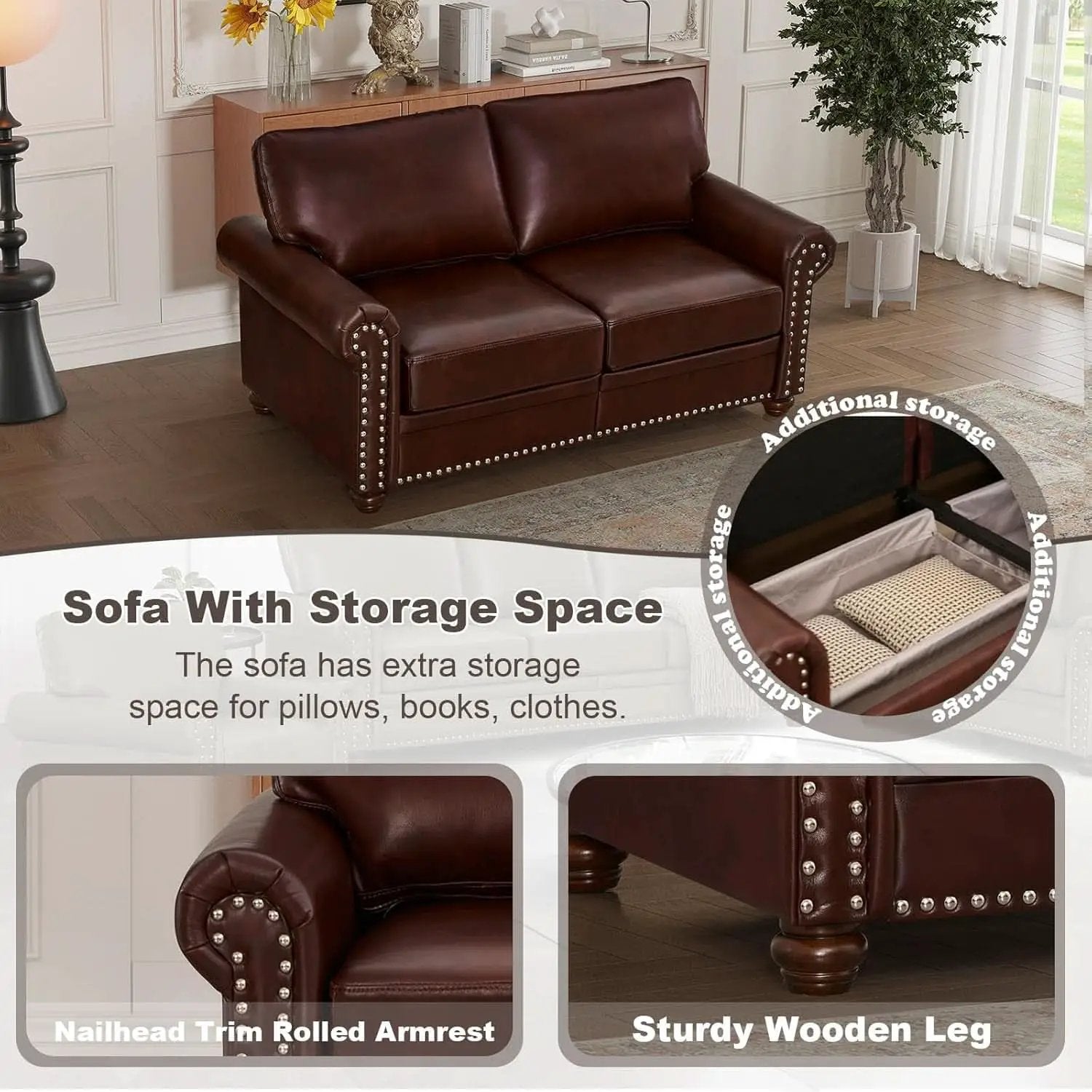 3 Piece Faux Leather Sofa Set With Storage In Burgundy Mid Century Modern Living Room from PriceLows™