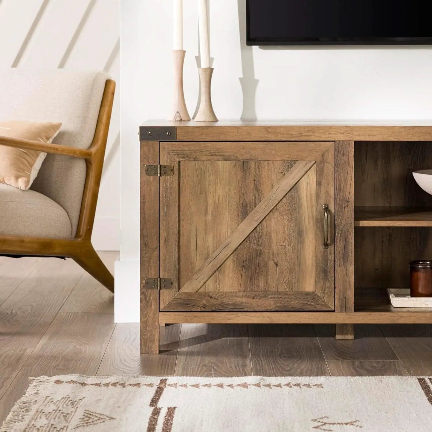 Rustic Oak TV Stand With Double Barn Doors Up To 80 Inch from PriceLows™