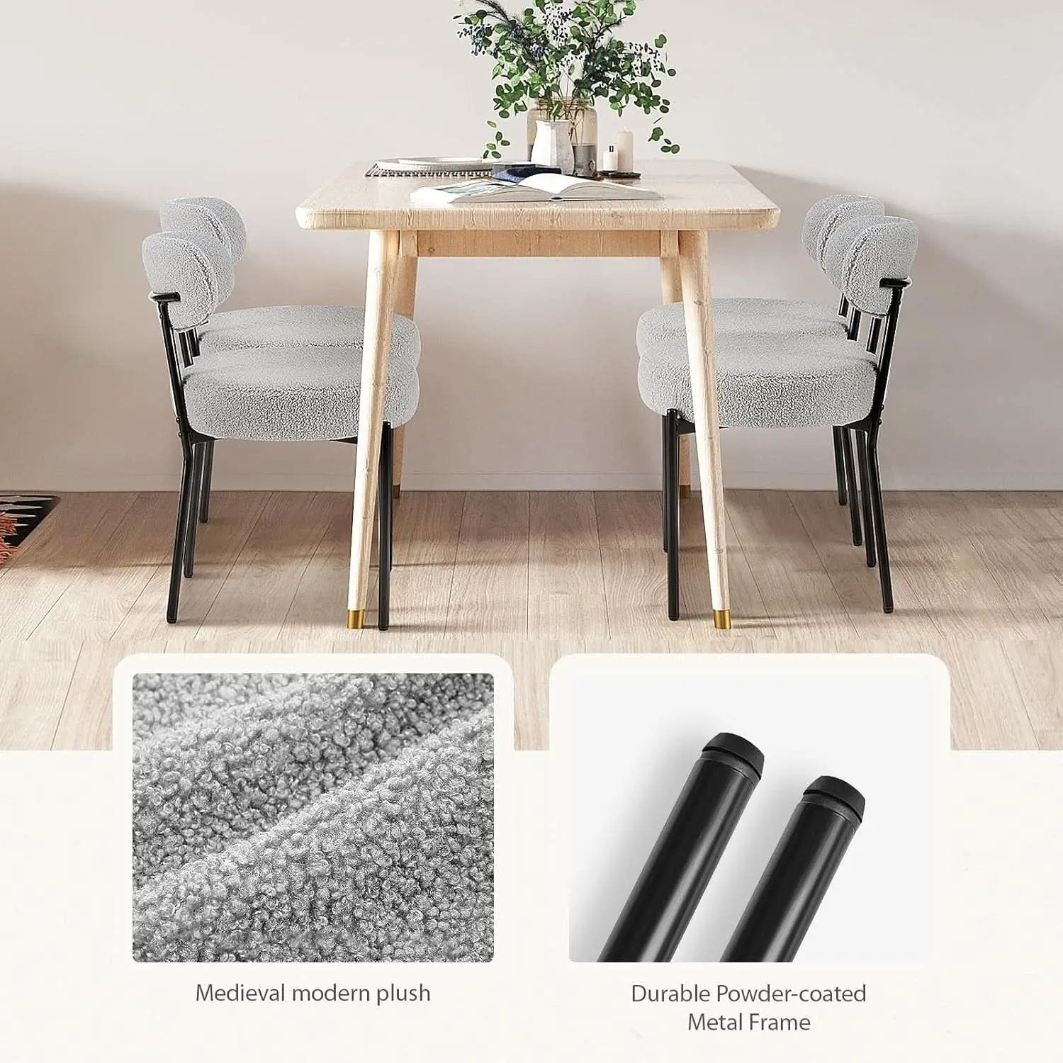 Boucle Upholstered Dining Chairs Set Of 4 With Curved Backrest Metal Legs Grey from PriceLows™