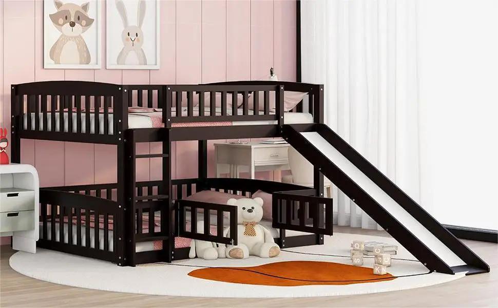 Low Bunk Bed With Slide | Fence And Ladder | Built-In Play Area | Kids Bedroom