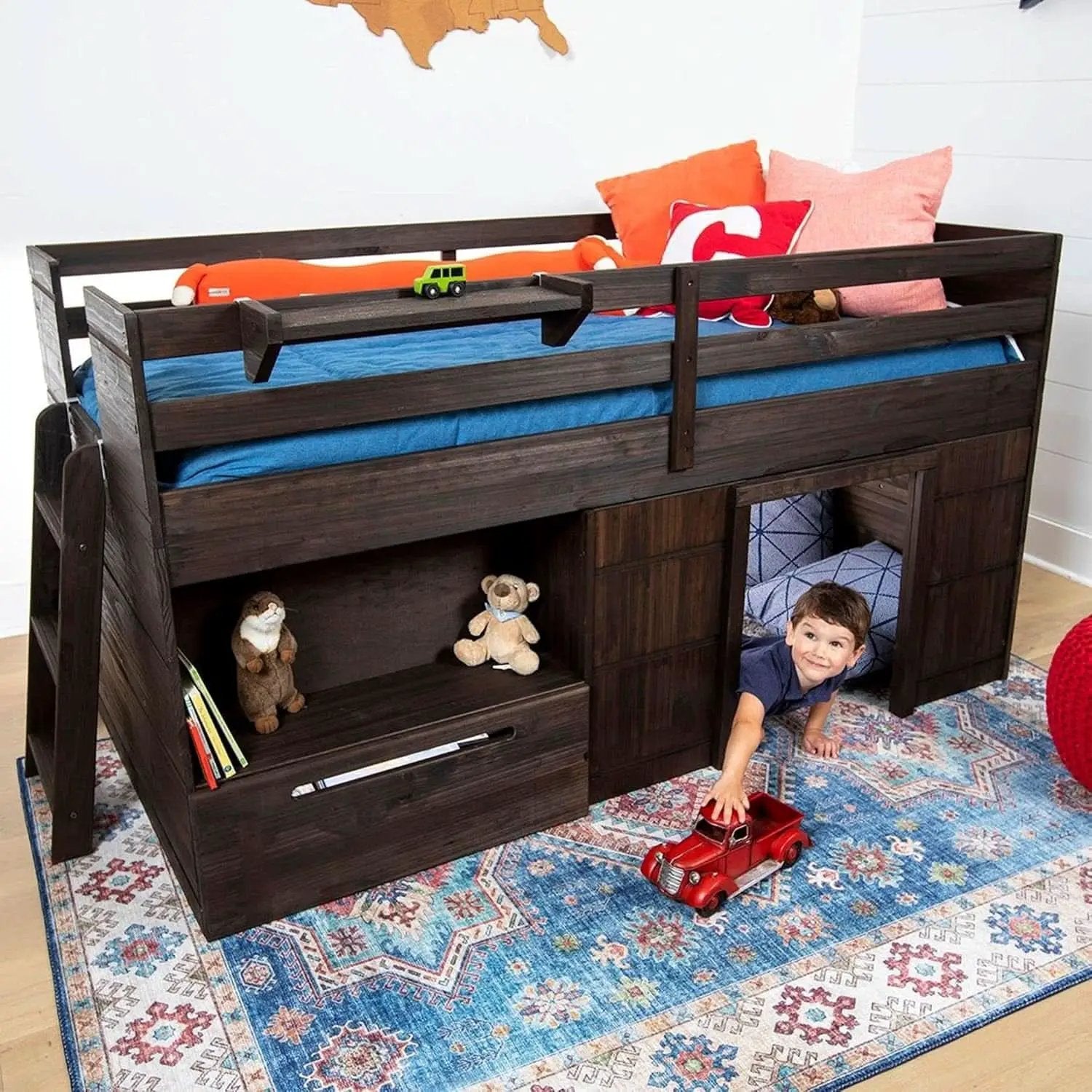 Twin Size Solid Wood Loft Bed With Storage Drawer And Ladder Barnwood Brown from PriceLows™