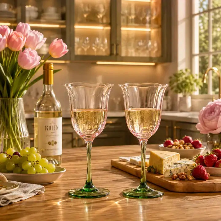 Khen Blossom Pink Tulip Wine Glasses Set of 2, Hand Blown Colored Crystal
