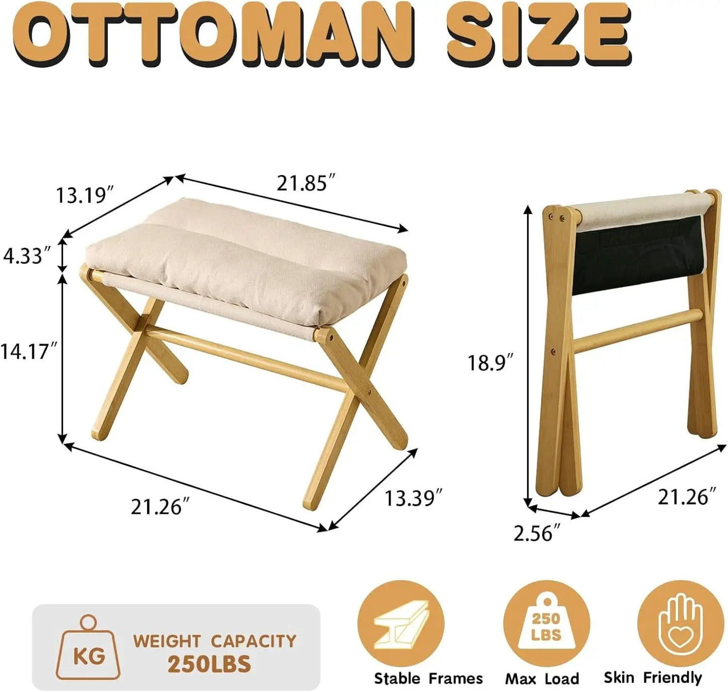 Bamboo Foldable Ottoman Foot Rest Beige Upholstered from PriceLows™