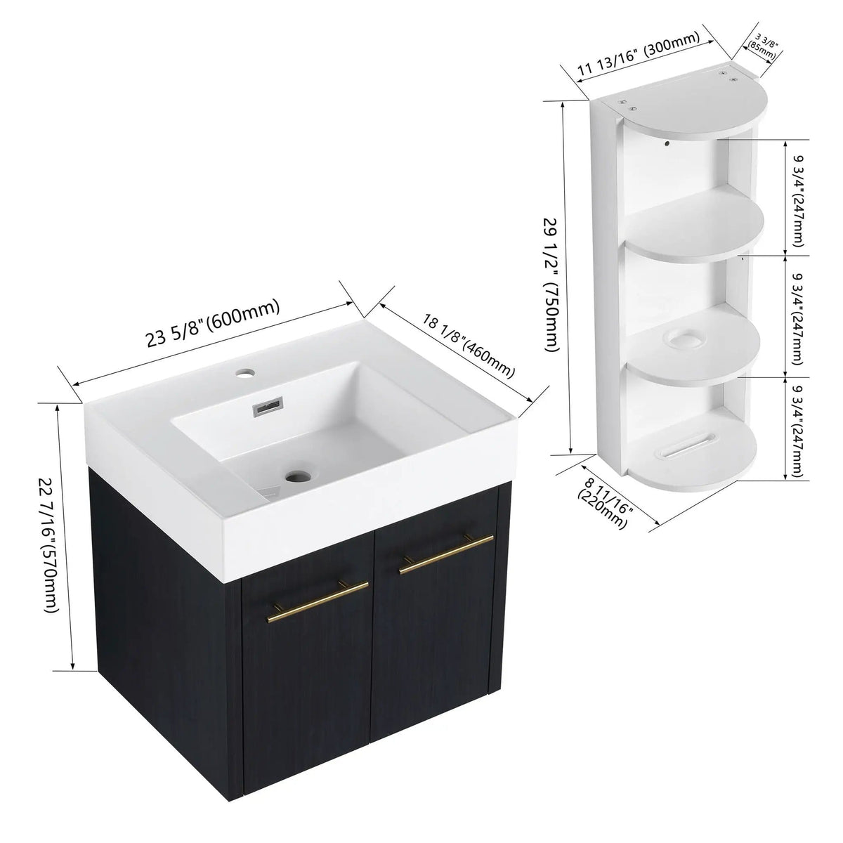 Modern Wall Mounted Bathroom Vanity With Resin Sink And Storage Rack | 2 Pieces | Stainless Steel & Plywood | Bathroom