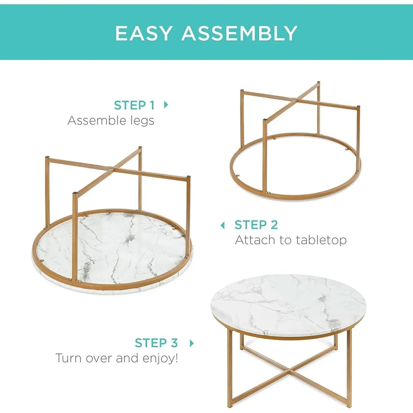 Round Coffee Table With Faux Marble Top Cross Leg Design from PriceLows™