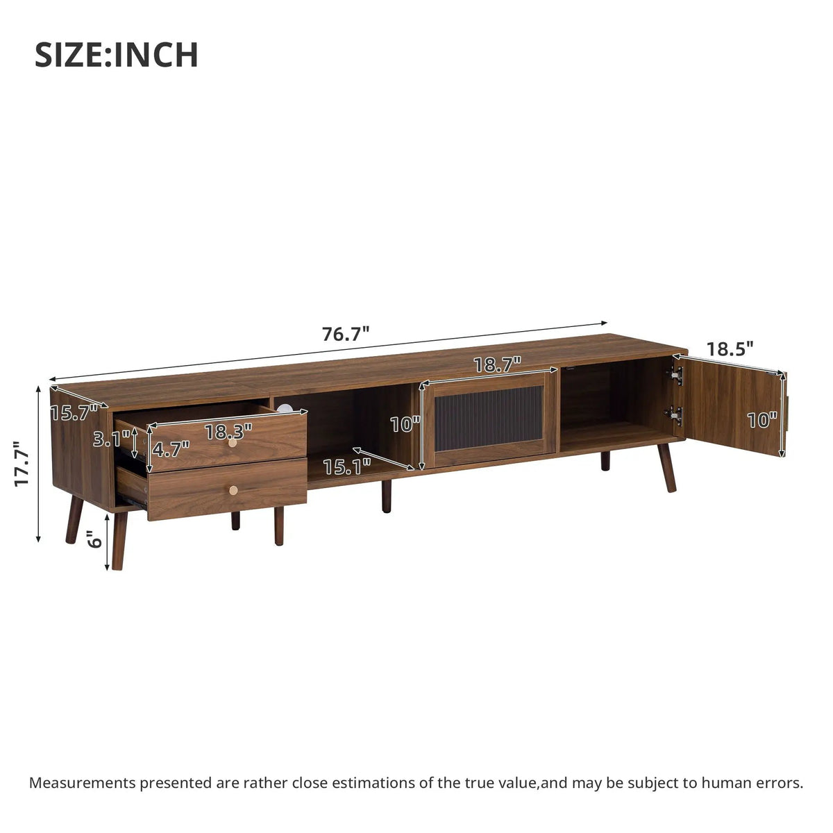 76 Inch TV Stand | Tempered Glass Doors | Two Deep Drawers | Natural Wood Legs