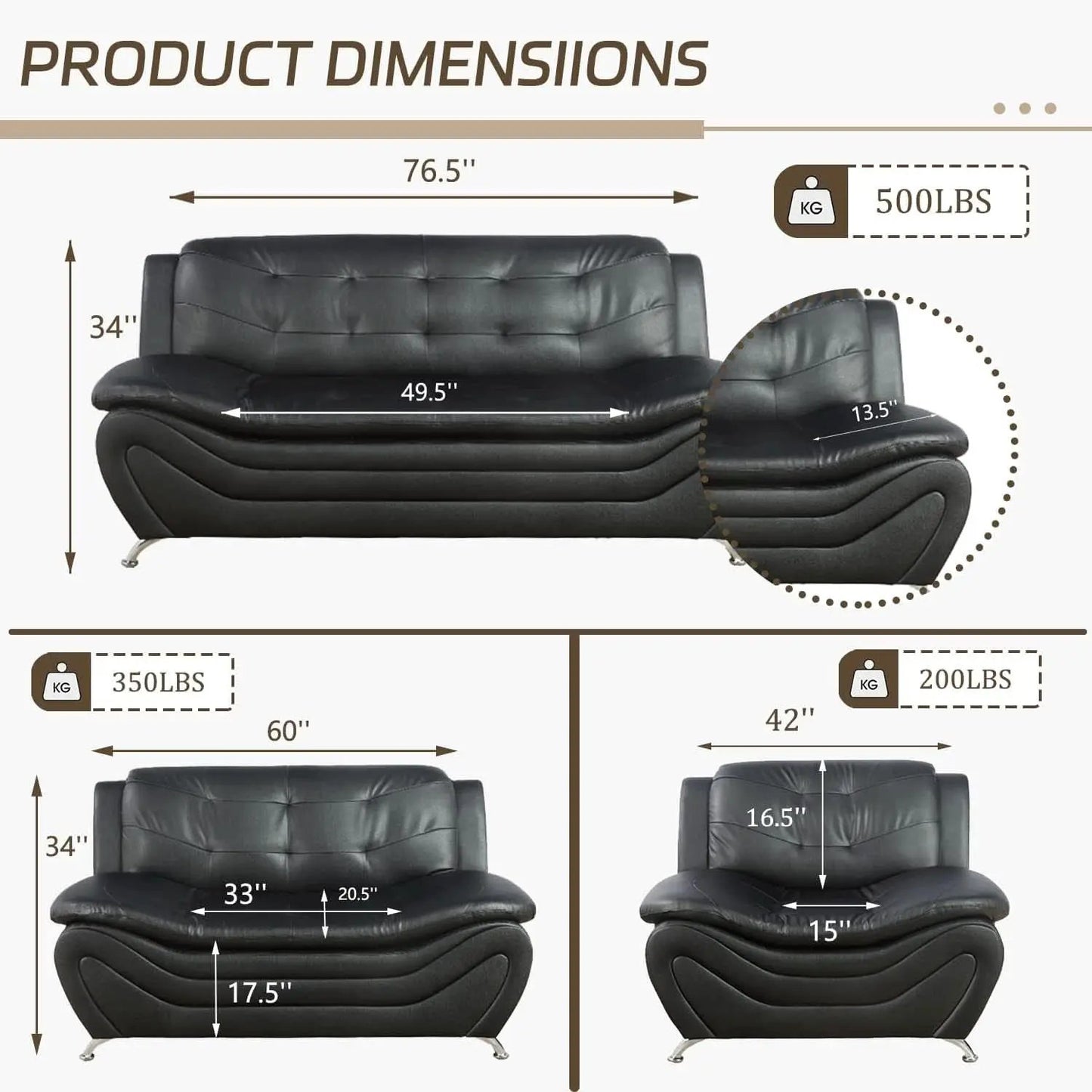 3 Piece Faux Leather Sofa Set For Living Room Black 3 Seater Sofa Loveseat Armchair from PriceLows™