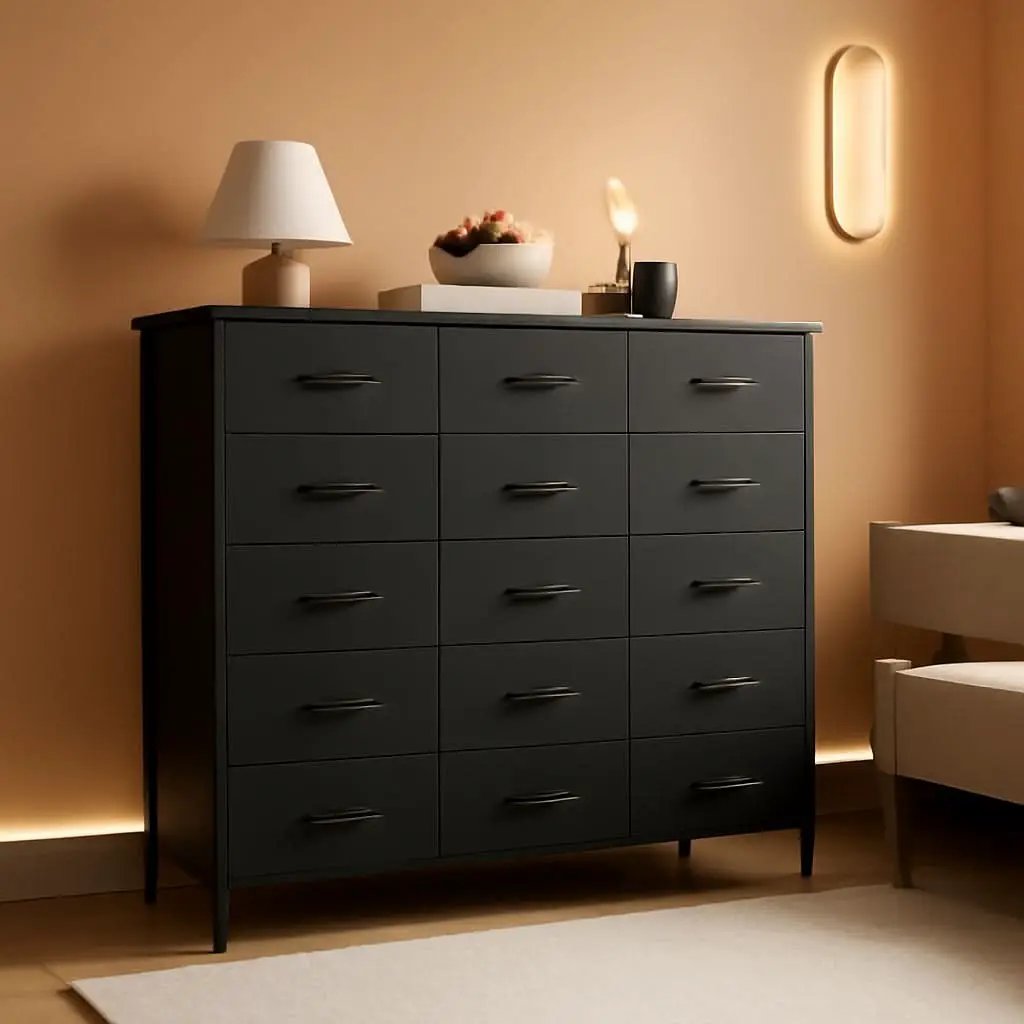 10 Drawer Dresser With Black Premium Fabric Finish And Durable Metal Frame For Bedroom Storage And Organization from PriceLows™