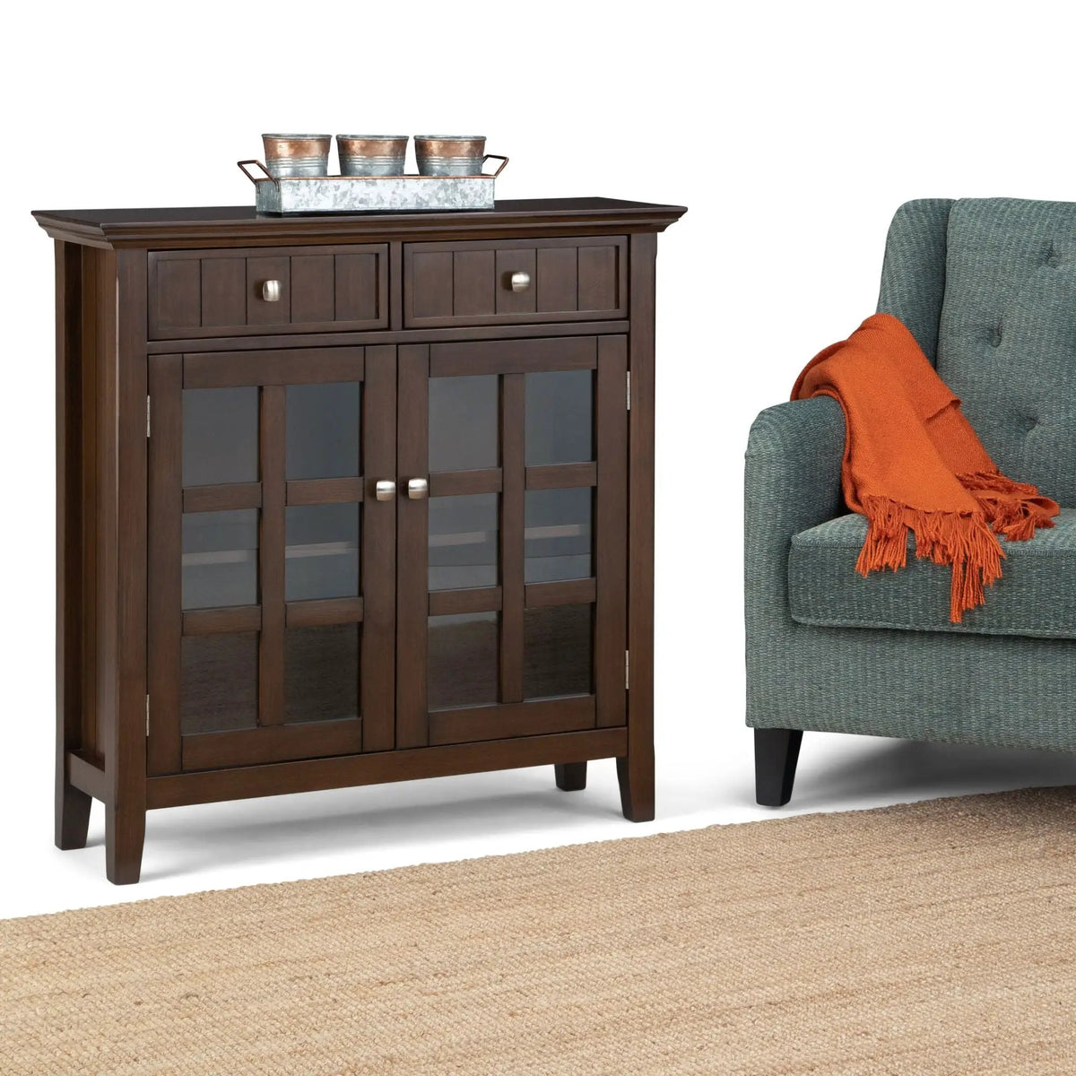 Acadian Entryway Storage Cabinet | Handcrafted Solid Wood | Two Drawers | Tempered Glass Doors